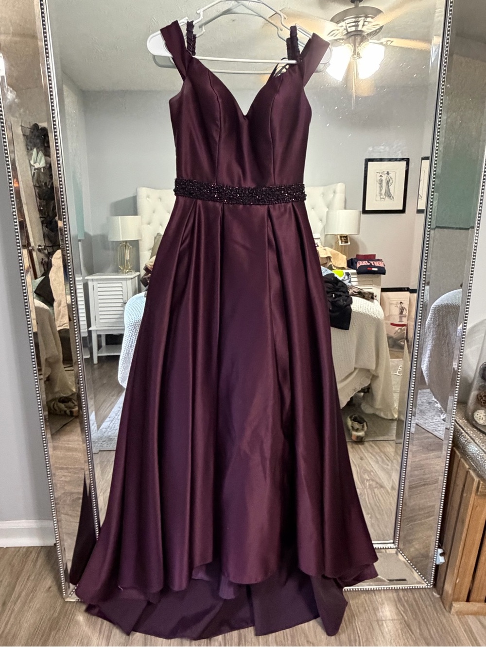 Betsy & Adam Burgundy Satin Prom Gown with Beaded Waist